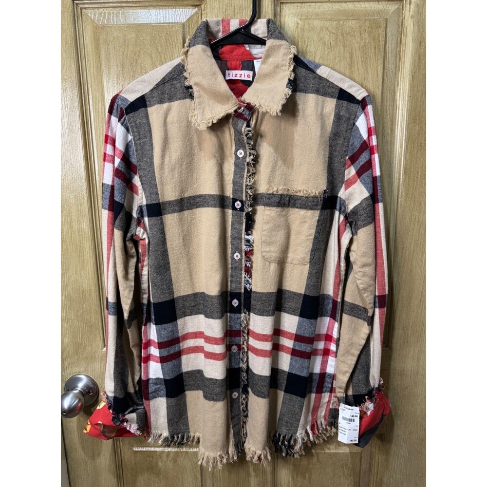 Tizzie Plaid Shirt Women M 100% Cotton Frayed Raw Hem Animal Print Dogs $140